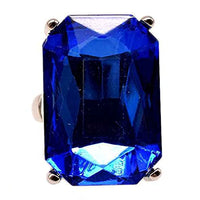 Stunning Emerald Cut Glass Crystal Statement Stretch Band Cocktail Ring,1.5" (Royal Blue Crystal Silver Tone)