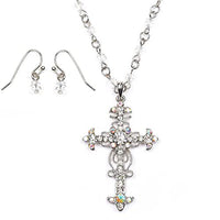 Stunning Vintage Vibes Crystal Rhinestone Christian Cross Pendant Necklace Earrings Set, 18"+3" Extender (AB And Clear Crystal Silver Tone)