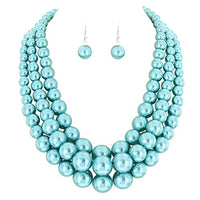Multi Strand Simulated Pearl Necklace and Earrings Jewelry Set, 18"+3" Extender (Teal Blue Silver Tone)