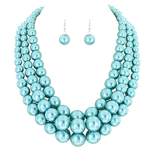 Multi Strand Simulated Pearl Necklace and Earrings Jewelry Set, 18"+3" Extender (Teal Blue Silver Tone)
