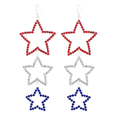 Sparkling Extra Long Patriotic Red White And Blue Crystal Star USA Earrings, 3.5"