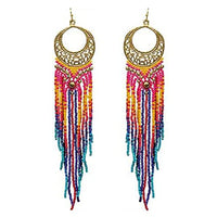 Stunning And Colorful Extra Long Gold Tone Filagree Hoop With Fringe Seed Bead Shoulder Duster Statement Earrings, 6.5"