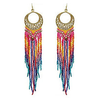 Stunning And Colorful Extra Long Gold Tone Filagree Hoop With Fringe Seed Bead Shoulder Duster Statement Earrings, 6.5"