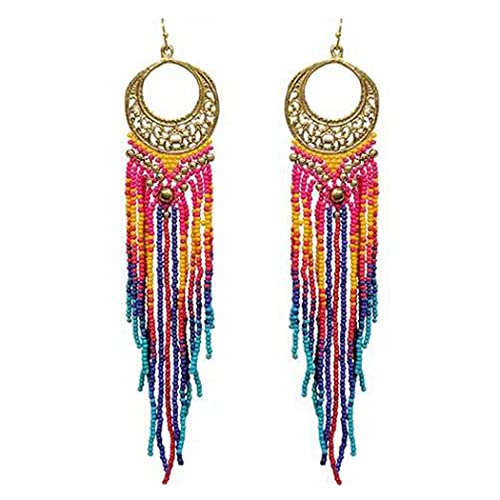 Stunning And Colorful Extra Long Gold Tone Filagree Hoop With Fringe Seed Bead Shoulder Duster Statement Earrings, 6.5"