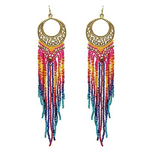 Stunning And Colorful Extra Long Gold Tone Filagree Hoop With Fringe Seed Bead Shoulder Duster Statement Earrings, 6.5"