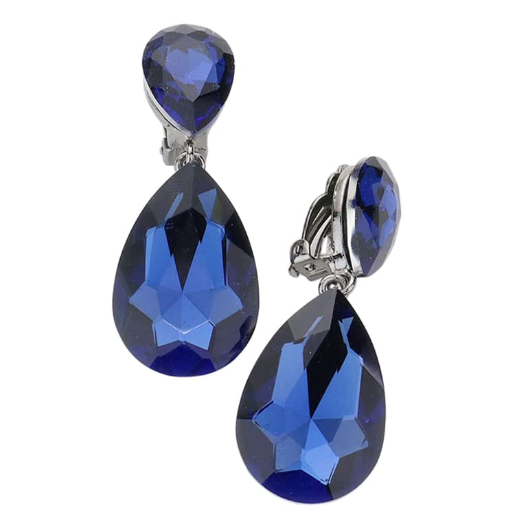 Double Teardrop Statement Glass Crystal Dangle Clip On Bridal Earrings, 2" (Montana Blue Hematite Tone)