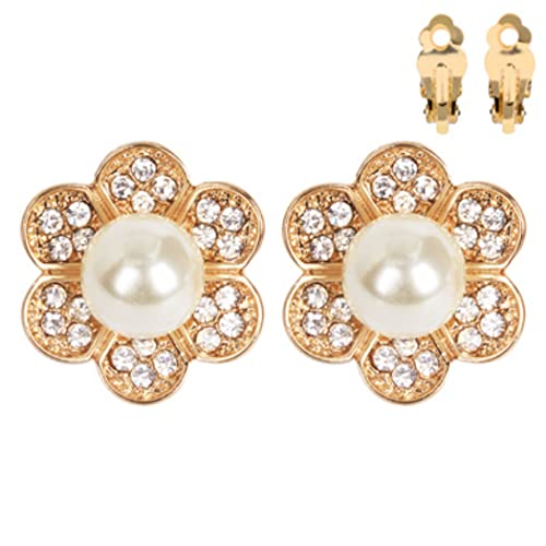 Timeless Classic Statement Simulated 10mm Pearl With Crystal Rhinestone Flower Halo Clip On Earrings, 1" (Cream Pearl Gold Tone)