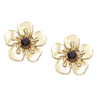 Polished Gold Tone Sculpted 3D Metal Flower Crystal Crystal Center Clip On Style Earrings, 1"