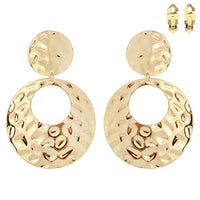 Statement Polished Metal Hammered Texture Hoop Clip On Earrings, 2.75" (Gold Tone)