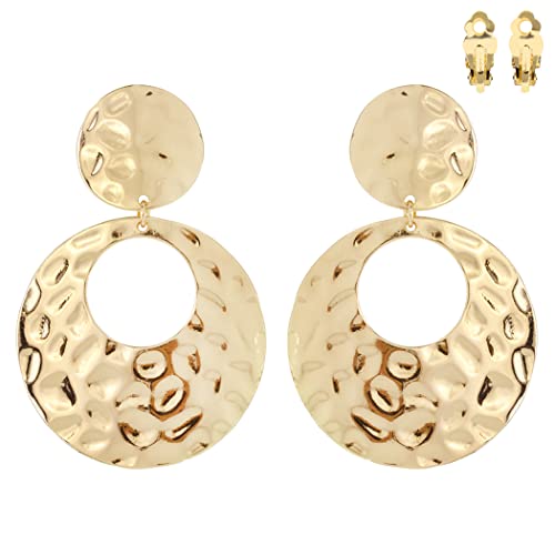 Statement Polished Metal Hammered Texture Hoop Clip On Earrings, 2.75" (Gold Tone)