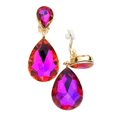 Rosemarie Collections Women's Stunning Double Teardrop Crystal Statement Clip On Earrings, 1.75" (AB Fuchsia Purple Crystal Gold Tone)