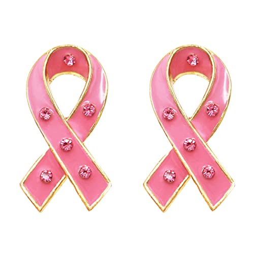 Rosemarie Collections Women's Breast Cancer Awareness Pink Ribbon Enamel Stud Earrings, 1.25" (Crystal Embellished Gold Tone)