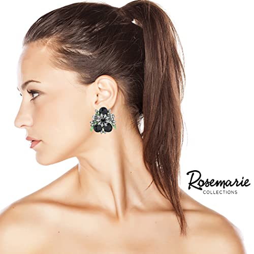 Stunning Crystal Teardrop And Pave Petals With Simulated Pearl Statement Flower Clip On Style Earrings, 1.75" (Jet Black Crystal Silver Tone)