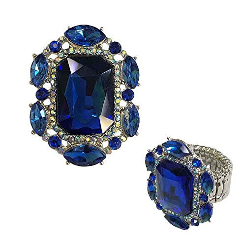 Statement Emerald Cut Glass Crystal Stretch Cocktail Ring (Royal Blue Crystal Silver Tone)