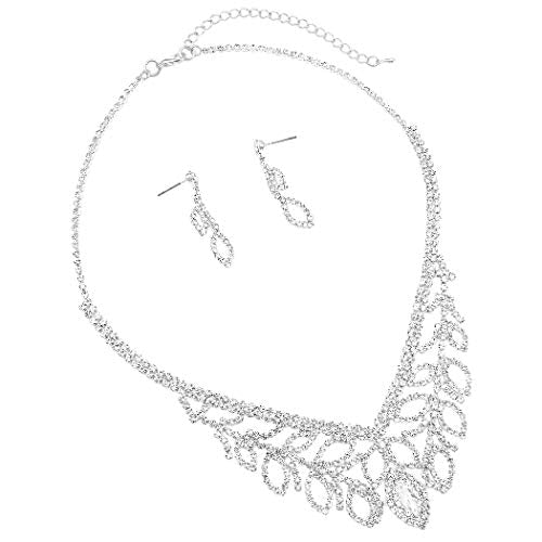 Dramatic Neckline Vintage Style Crystal Collar Necklace And Hypoallergenic Earrings Bridal Set, 15"+3" Extender (Silver Tone Clear Crystal V Shape)