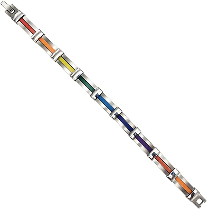 Men's Stylish Stainless Steel With Rainbow Pride Color Links Bracelet, 7.5"