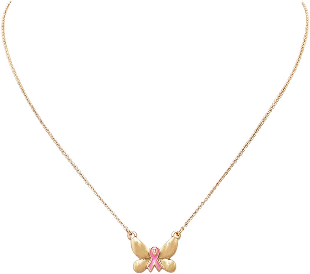 Inspirational Breast Cancer Awareness Pink Ribbon Matte Gold Tone Butterfly Charm Necklace, 16"+3" Extender