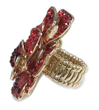 Stunning Pave Crystal Rhinestone Rose Flower Statement Stretch Cocktail Ring, 2" (Red With Gold Tone Band)