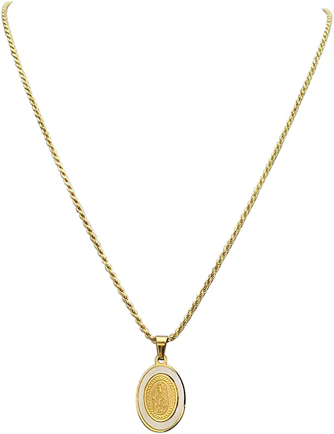 Stainless Steel Gold Plated Virgin Mary Pendant With Opal On Gold Plated Sterling Silver Made In Italy Chain Necklace (Cable Chain, 18")