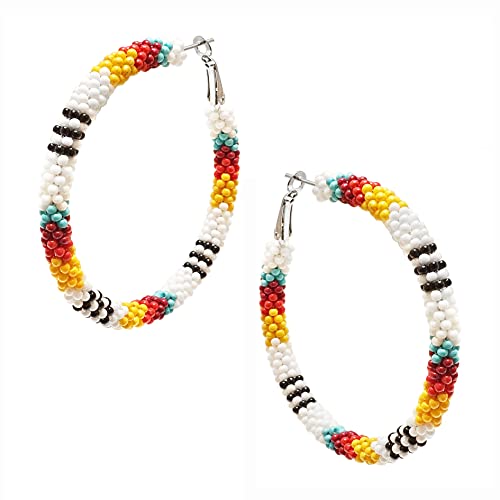 Colorful Western Inspired Seed Bead Lever Hoop Earrings, 2.25" (White Background)