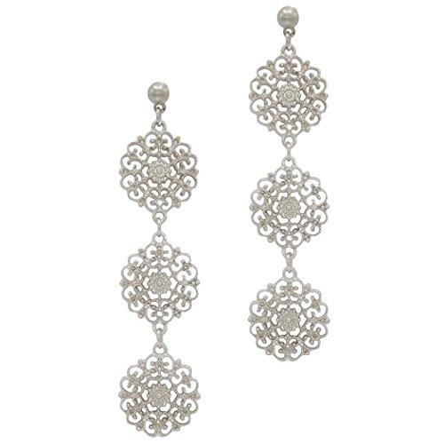 Triple Filigree Flower Dangle Drop Earrings (Silver Tone)