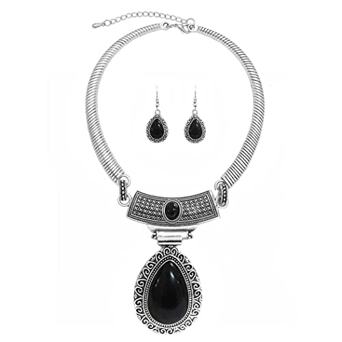 Cowgirl Chic Western Style Large Statement Concho Medallion With Natural Turquoise Howlite Collar Necklace Earrings Set, 10"+3" Extender (Teardrop Swirl Black Howlite)