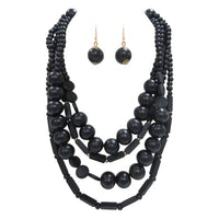 Bohemian Style Natural Wood Bead Cascading Multi Strand Necklace And Earrings Jewelry Set, 18"+3" Extender (Jet Black)