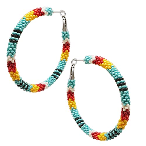 Colorful Western Inspired Seed Bead Lever Hoop Earrings, 2.25" (Turquoise Background)
