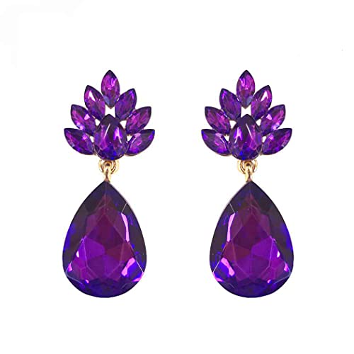 Rosemarie Collections Women's Statement Flower Petal Marquis Leaf Large Glass Crystal Teardrop Clip on Earrings, 2" (Purple Crystal Gold Tone)