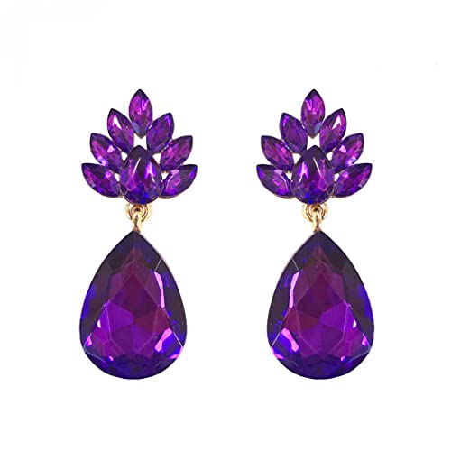 Rosemarie Collections Women's Statement Flower Petal Marquis Leaf Large Glass Crystal Teardrop Clip on Earrings, 2" (Purple Crystal Gold Tone)