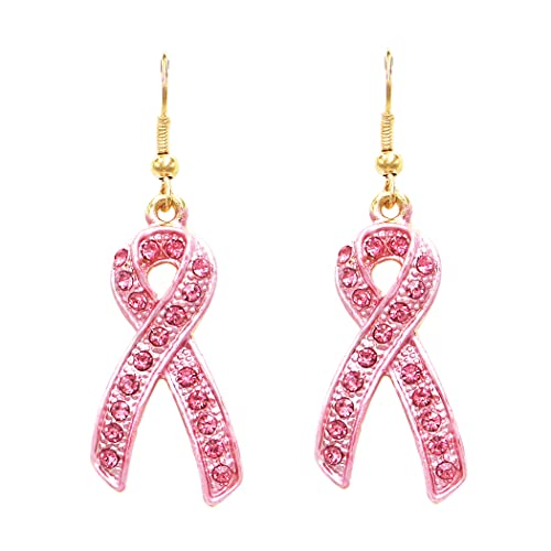 Breast Cancer Awareness Enamel Pink Ribbon With Crystal Rhinestones Dangle Earrings, 2"