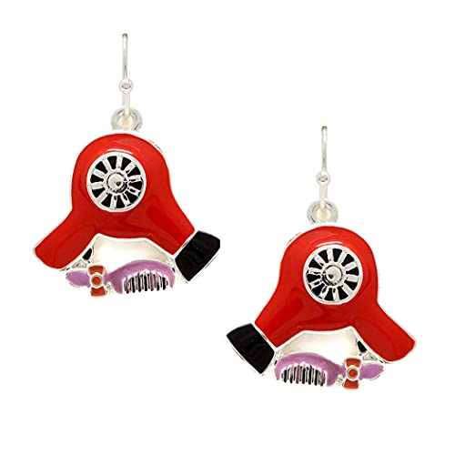 Colorful Red Enamel Hairdryer With Pink Comb Dangling Beauty Earrings, 1.25"