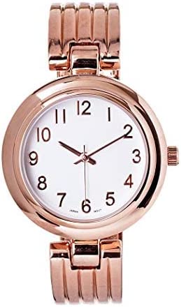 Chic And Stylish Round Face Polished Metal With Textured Stripe Cuff Band Bracelet Watch, 6.5" (Rose Gold Tone)