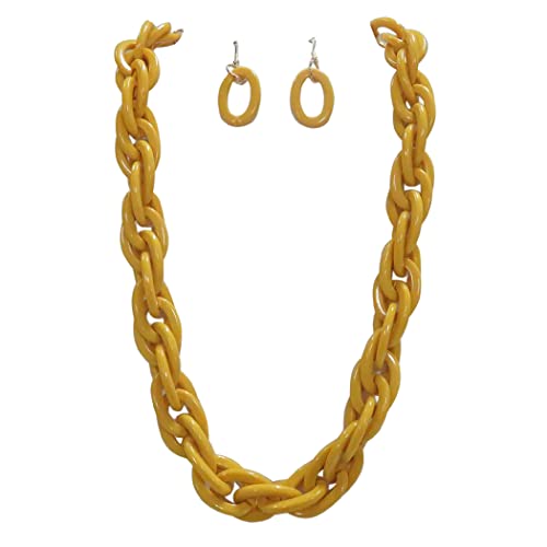 Bold Statement Acrylic Resin Link Chain Necklace Earring Set, 21"+3" Extender (Yellow Links Gold Tone)