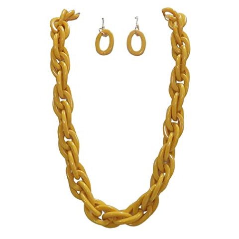 Contemporary Statement Resin Geo Hoop Link With Glass Crystal Rhinestones Bib Necklace And Earrings Gift Set, 14"+3" Extender (Green Yellow Gold Tone)