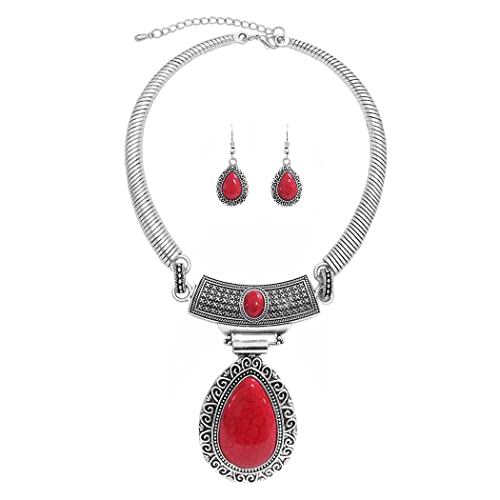 Cowgirl Chic Western Style Large Statement Concho Medallion With Natural Turquoise Howlite Collar Necklace Earrings Set, 10"+3" Extender (Teardrop Swirl Red Howlite)