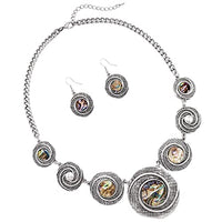 Rosemarie Collections Women Western Style Circular Medallion Style Colored Howlite Statement Necklace Earrings Set, 18"+2" Extender (Abalone Shell)