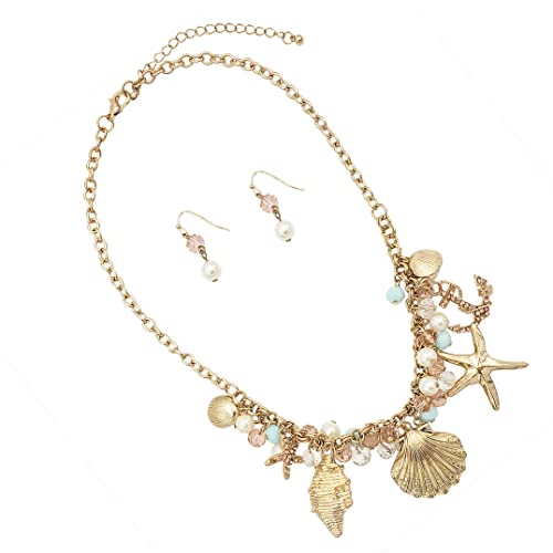 Made For A Mermaid Stunning Polished Gold Tone Seashells Starfish Anchor Charms With Dangling Crystal Beads Necklace Earrings Gift Set, 18"+3" Extender