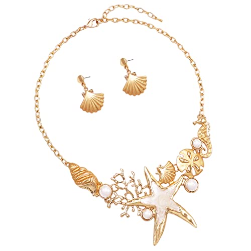 Stunning Enamel Sea Creatures And Simulated Pearl Collar Necklace Earrings Set, 12"+3" Extender (Cream Starfish Gold Tone)