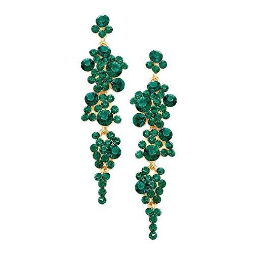 Crystal Rhinestone Long Bubble Dangle Statement Earrings (Emerald Green Gold Tone)