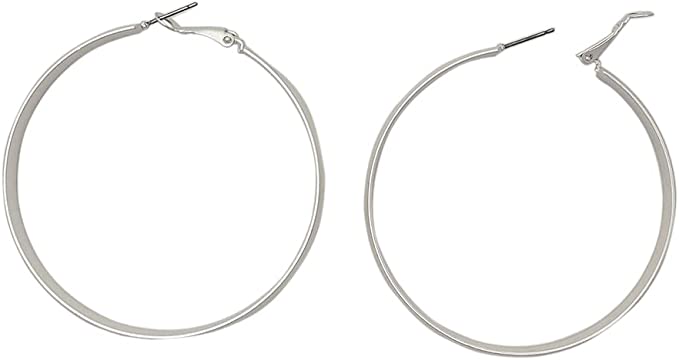 Chic Stainless Steel With Matte Finish Side Silhouette Modern Flat Hoop Earrings With Hypoallergenic Omega Post Backs (40mm, Silver Plated)