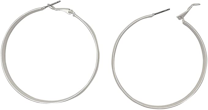 Chic Stainless Steel With Matte Finish Side Silhouette Modern Flat Hoop Earrings With Hypoallergenic Omega Post Backs (60mm, Silver Plated)