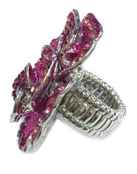 Stunning Pave Crystal Rhinestone Rose Flower Statement Stretch Cocktail Ring, 2" (Fuchsia Pink With Silver Tone Band)