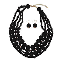 Bohemian Style Natural Wood Bead Cascading Multi Strand Necklace And Earrings Jewelry Set, 18"+3" Extender (Jet Black)