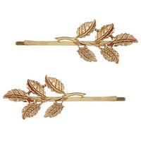 Set of 2 Leaf Sprigs Hair Clip Bobby Pins (Gold Tone)