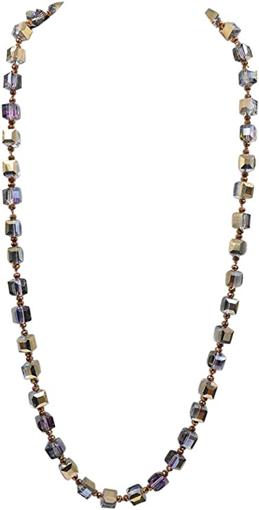 Stunning AB Gold Colored Glass Ice Cube Faceted Square Crystal Bead Knotted Endless Strand Necklace, 32"