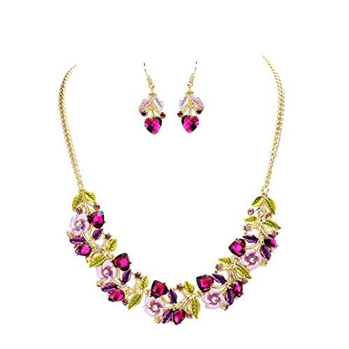 Flower and Vine Glass Crystal Necklace and Earrings Gift Set (Purple)