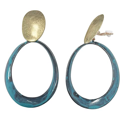 Statement Metal Disc Oval Twist Hoop Dangle Clip on Style Earrings, 3.25" (Coper Patina Hoop Matte Gold Tone Top)