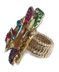 Stunning Pave Crystal Rhinestone Rose Flower Statement Stretch Cocktail Ring, 2" (Rainbow With Gold Tone Band)