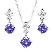 Rosemarie & Jubalee Women's Made In Italy Dainty Sterling Silver Wheat Chain With Adjustable Slide And Cushion Cut Crystal Necklace Pendant Post Earrings Gift Set, 22" (Sapphire Blue)